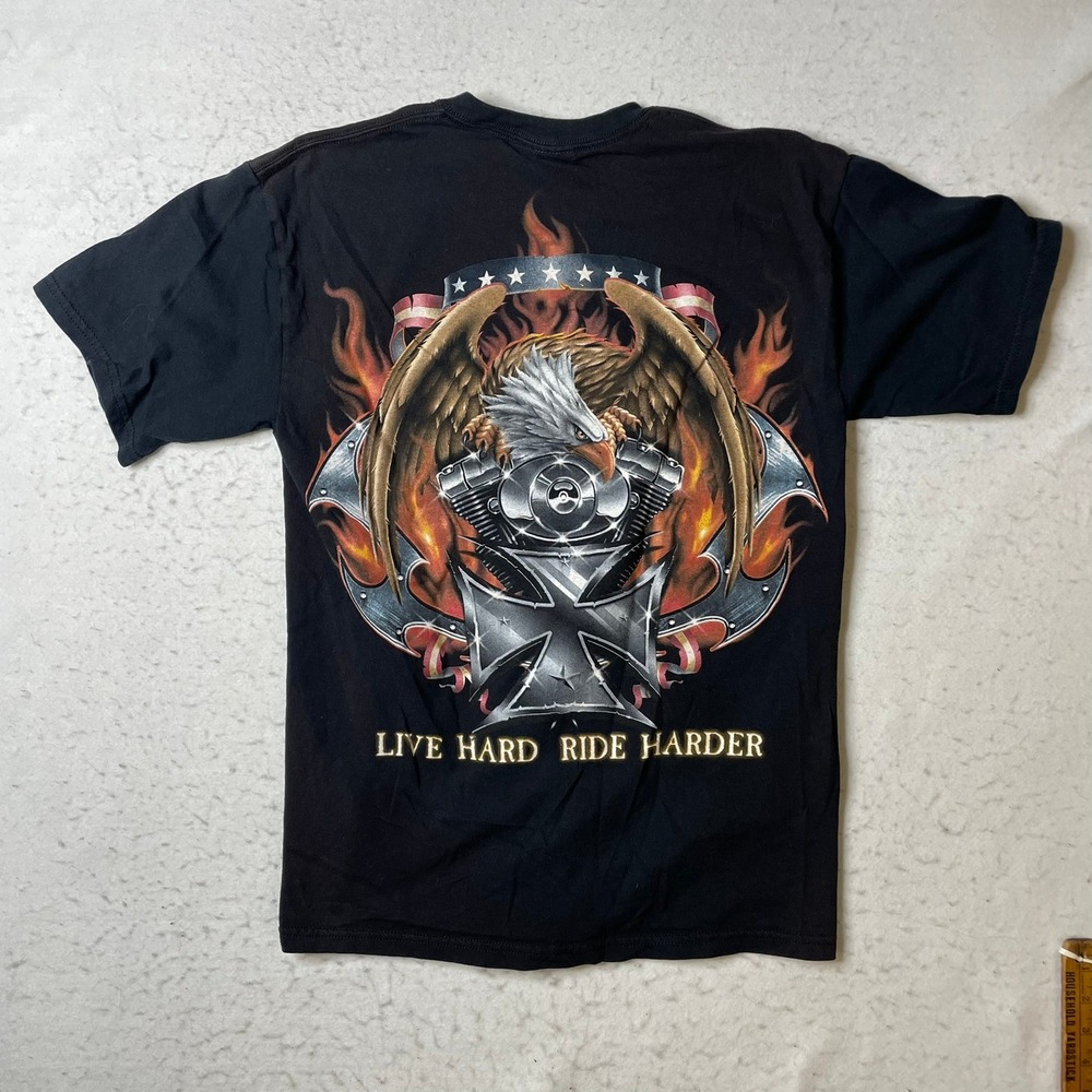 Genuine Tee T-Shirt Mens Size Medium Black Live Hard Ride Harder Biker Graphic‎